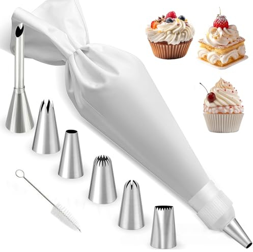 KLINNA Juego de 9 mangas pasteleras con boquillas de acero inoxidable, algodón reutilizable, con 6 formas diferentes de puntas para decorar tartas, galletas y crema para decorar tartas.