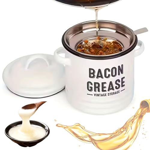 Monetais Bacon Grease Container, Enamel Bacon Grease Saver with Strainer, Spatula & Lid Oil Keeper Can for Kitchen Tools, 4.7x6.7 inch Can