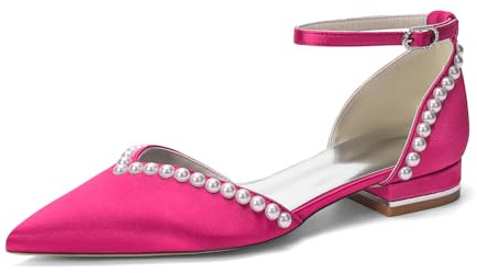 LRMYMHY Chaussures De Mariage en Satin Perlé pour Femmes Chaussures De Mariée À Bout Pointu Escarpins Formels pour Bal Ou Fête avec Bride À La Cheville,Fuchsia,38 EU
