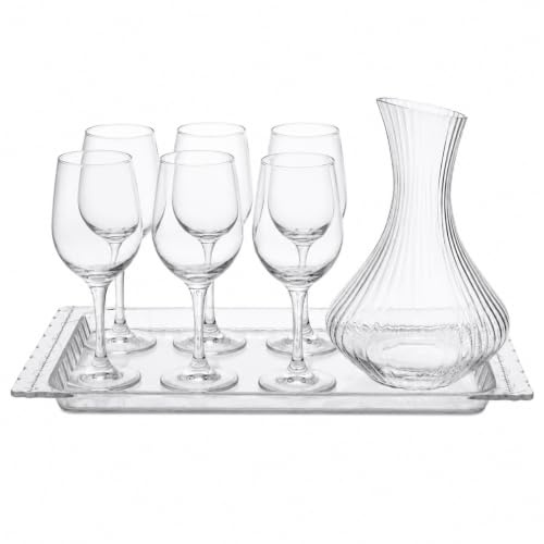 Set Decanter Vino con 6 Calici e Vassoio Elegante, 8 Pezzi in Cristallino, Caraffa Decanter XL 1,7L per Vino Rosso, Set Degustazione Completo, Idea Regalo Casa Nuova, Natale, Eventi e Cene
