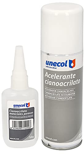 Unecol 7156 Kit accelerante Aerosol + cianoacrilato para materiales porosos (botella), 200 ml + 50 ml