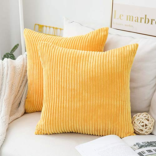 Home Brilliant Spring Pillow Covers 20x20 Solid Striped Corduroy Plush Velvet Cushion Cover for Couch Decor, Set of 2, 20 x 20 Inch, Sunflower Yellow