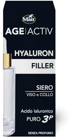 Matt, AGEACTIV Hyaluron Filler, Siero Viso e Collo con Acido Ialuronico Puro, Tripla Idratazione, Rigenera e Rimpolpa la Pelle, Riempie le Rughe, Rimodella i Contorni del Viso, Senza Profumo, 30 ml