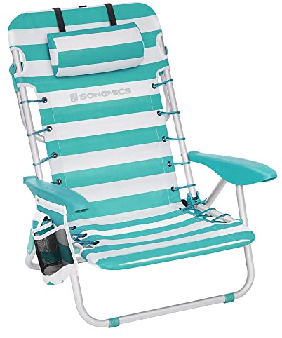 SONGMICS Strandstuhl, Campingstuhl, Klappstuhl, Outdoor-Stuhl, tragbar, mit Schultergurten, klappbar, verstellbare Rückenlehne, mit Kopfstütze, Armlehnen, 2 Seitentaschen, grün-weiß GCB62JW