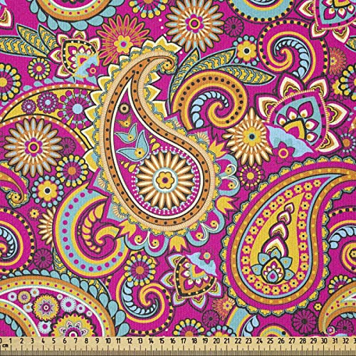 ABAKUHAUS Bunt Stoff als Meterware, Paisley Osten, ausdehnbar mit Elestan für Heimwerkarbeiten und Näharbeiten, 2Meters, Magenta Hellorange