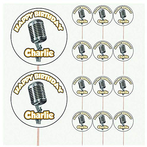 AK Giftshop Personalised Microphone Singer Birthday Food & Cupcake Toppers Picks Flags Party Decorations - (pack of 14)