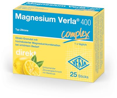 Magnesium Verla 400 direkt Zitrone – Hochdosiertes Magnesiumcitrat & Magnesiumoxid als praktische Direkt-Sticks, bei erhöhtem Magnesiumbedarf, 400 mg pro Stick, Einnahme nur 1x täglich, 25 St