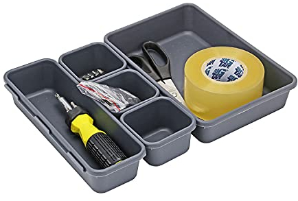 Taylor & Brown 8pc Grey Interlocking Drawer Organiser Plastic Storage Separator Tray Boxes Cutlery Compartment Kitchen Bedroom Bathroom Desk Office De-Clutter Tidy