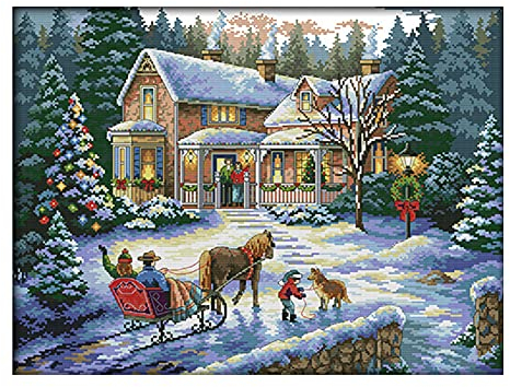 Cukol Kit Punto Croce Prestampato Natale, Disegni Punto Croce Kit da Ricamare Quadri Quadro, Kit Ricamo Ricami Punto Croce Completo Stampati Prestampati Schemi per Principianti Bambini Set