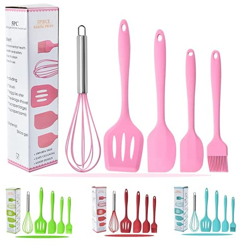 Linghe Juego De Utensilios De Cocina De Silicona Espátula Cepillo De Aceite Batidor Juego para Hornear De 5 Piezas (Rosado)