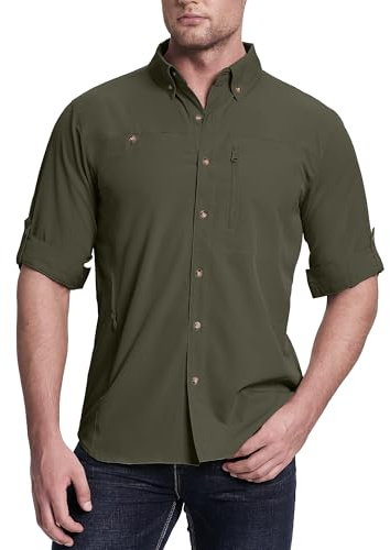 33,000 fot safari-skjorta herr långärmad sportskjorta UPF50 UV-skydd funktionell skjorta andas button-down skjorta med fickor för vandring fiske resor, Grön, XXL