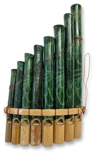 Thorness Peruanische Panipes mit Blattmuster, 20 cm x 12 cm, 8 Rohre, traditionelles südamerikanisches Instrument, Fair Trade, Grün