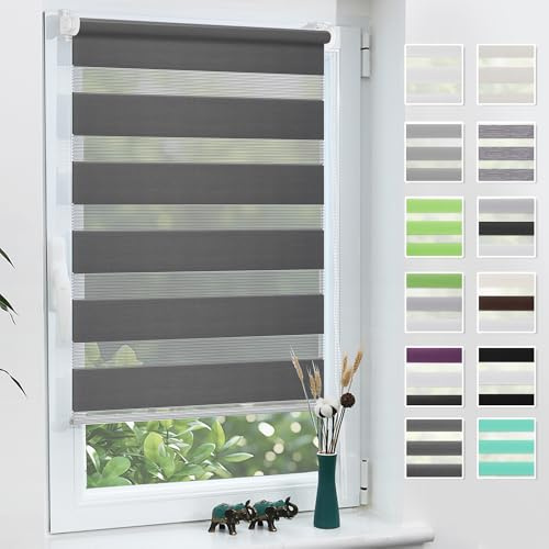 Grandekor Doppelrollo Klemmfix ohne Bohren Anthrazit 75x110cm(Stoffbreite 71cm) Fenster Rollos für innen Klemmrollos Duo Rollos für Fenster ohne Bohren mit Bohren Privatschutz UV-Schutz Zebrarollo