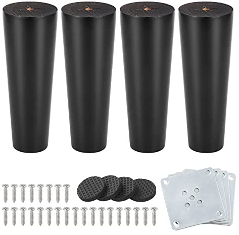 Knpwer 4 Stück 15cm Möbelfüße Holz Möbelbeine, Massivholz Beine Aus Eiche für Stühle Schrank Sofa Bett Couch, mit Montageplatten, Schrauben und Filzgleiter (Schwarz)