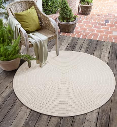 the carpet Santo Plus Outdoor Teppich – Creme, 120 cm Rund – Wetterfest & Pflegeleicht, Balkon Teppich, Terrasse & Garten, Flachgewebe Indoor & Outdoor, Modern für Wohnzimmer & Schlafzimmer