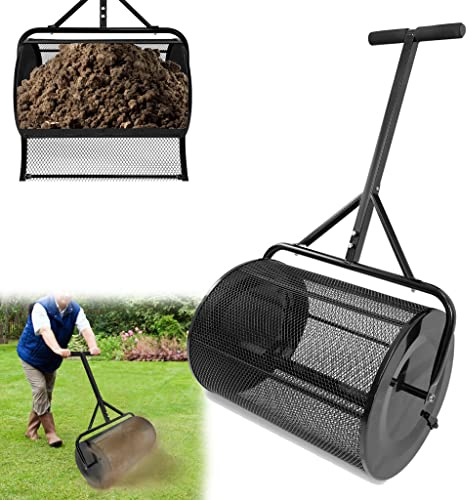 XMTECH Épandeur de compost - Épandeur de mousse de tourbe - Panier en métal - Épandeur d'engrais - Avec éponge - Poignée en T - 80 l - Pour pelouse et jardin - Diamètre : 40 x 65 cm