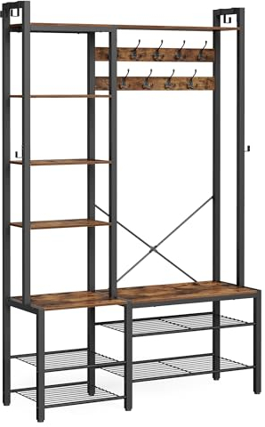 VASAGLE Garderobenständer mit Schuhbank, Garderobe, 5 Regalebenen aus Spanplatten, 9 Dreifach-Haken, 6 seitliche Haken, 40 x 120 x 190 cm, vintagebraun-tintenschwarz HSR426B01