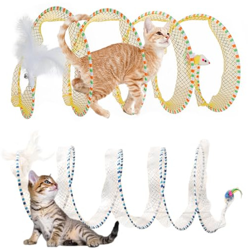 Katzenspielzeug Katzentunnel Gefaltete für Hauskatzen, Upgrade eines großen zusammenklappbaren Katzenröhrentunnels, Katzenzelt-Spieltunnel mit interaktivem Spielzeug für Kätzchen ((Gelb+Blau))