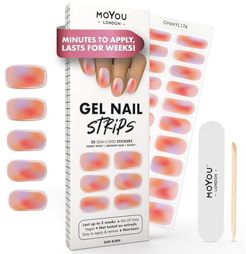 MOYOU LONDON Halbgehärtete UV Gel Strips - 20 Stück - Gel-Nagelfolien UV Härtend für Maniküre in Salonqualität - Sun Burn