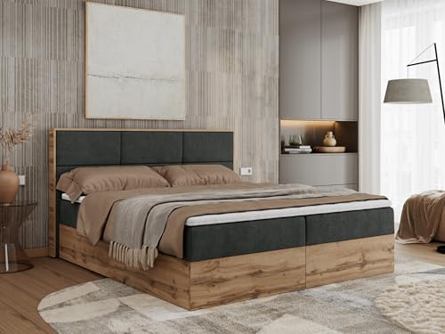 MKS MEBLE Boxspringbett Albero 2-160x200 cm mit Bettkasten, Kontinentalbett/Doppelbett, 2X 7-Zonen Taschenfederkern-Matratze H3, Topper T25, Kopfteil, Dunkelgrau Strukture Holzoptik Wotan Eiche