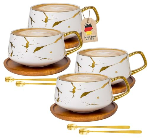 INTIRILIFE Set di 4 tazze tazze in ceramica con design in marmo bianco e oro - da 200 ml a 300 ml - tazze da caffè con sottobicchieri in legno - tazze da tè idea regalo per caffè tè cacao latte