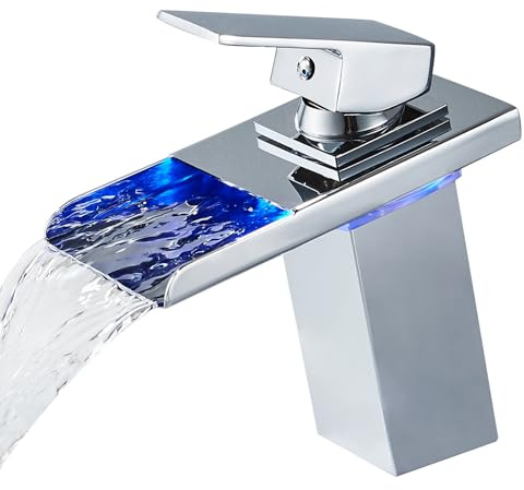 LED Einhebelmischer Waschbecken Wasserhahn, OUGOO RGB 3 Farbwechsel Armatur | Wasserfall Messing Mischbatterie für Badezimmer, Farbwechsel je nach Wassertemperatur, Chrom