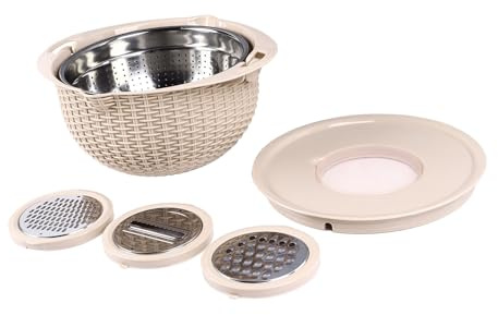 Sieb und Sieb, 4-in-1-Edelstahl-Sieb mit Rührschüssel-Set, Schneidewerkzeug, Küchen-Nudelsieb, Reiswaschsieb mit Griff, Drehbare Obstwaschschüssel (Beige)