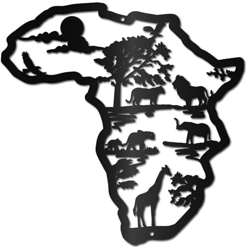 CREATCABIN Afrika-Karte,Metall-Wanddekoration,Schwarze Wandbehang-Dekoration,Eisen-Wandkunst,Ausschnitt,Silhouette,Afrika,Tiere,Skulptur,Dekoration,Schild,Ornament Für Yoga,Garten,Balkon,30x30cm