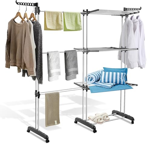 Izrielar Stendibiancheria 2 in 1 a torre estensibile, lunghezza 75 – 150 cm, pieghevole asciugatrice con 4 livelli e 2 ali laterali girevoli per interni ed esterni, asciugatrice con ruote