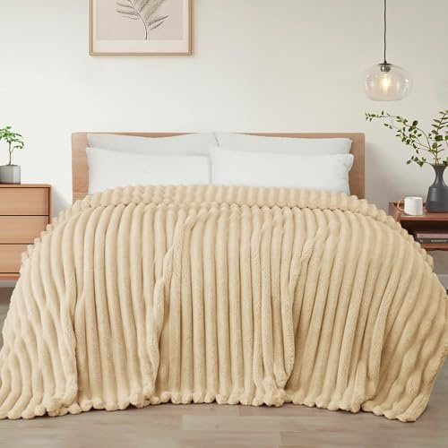 Exclusivo Mezcla Couverture Polaire, Plaid Canapé en Rayé, Couverture de Lit Super Douce en Jacquard, Léger et Moelleux pour Toutes Les Saisons, 230x270CM, Chameau