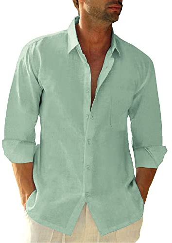 Friptspyg Linne Skjortor Män Långärmad Button Down Strand Vardag Tröjor för Män Vuxen UK med ficka, Mintgrön, M