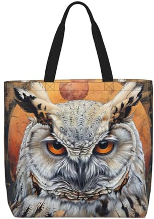 MyPiky Tragetasche mit Eulen-Aufdruck für Damen, Schultertasche, Handtasche, wiederverwendbare Einkaufstasche für Büro, Shopping, Reisen, Schwarz, Einheitsgröße