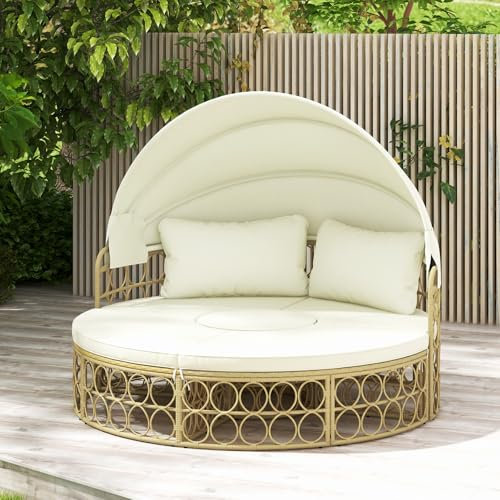GIANTEX Rattan Sonneninsel, Sonnenliege Liegeinsel mit faltbarem Sonnendach, Rundes Tagesbett mit Beistelltisch, Rattan Lounge Gartenmuschel Outdoor, Gartenliege Sitzgruppe inkl. Kissen, Daybed Beige