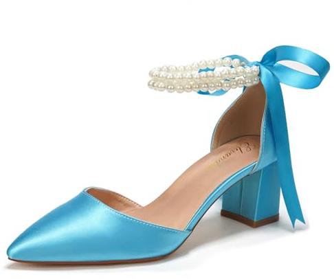 Elivandon J1585 Women's Satin Pointed Toe Mid-Heel Evening Sandals 2.36 inches Block Heel Bridal Party Wedding Pumps with Double Pearl Strap Colour Sky Blue,Size 6.5 B(M) US/37 EU
