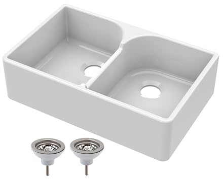 Balterley 795mm Butler White Kitchen Sink, Double Bowl Stepped Weir with 2 Waste, No Tap Hole, Durable Butler Fireclay Ceramic Kitchen Sink Bowl, Farmhouse Sinks - 795 x 500 x 220mm (White)