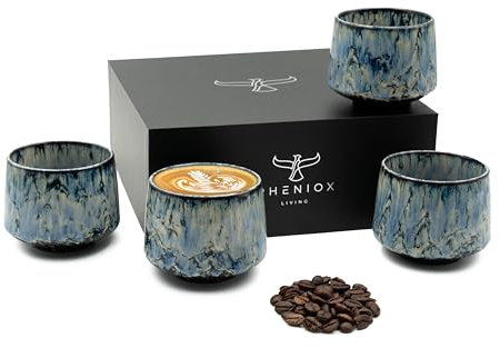Pheniox | Juego de tazas de cappuccino azul Tibet | 4 piezas | 180 ml | tazas de gres de alta calidad | sin asa | apto para lavavajillas | café | café | espresso | moca | regalo hombre mujer