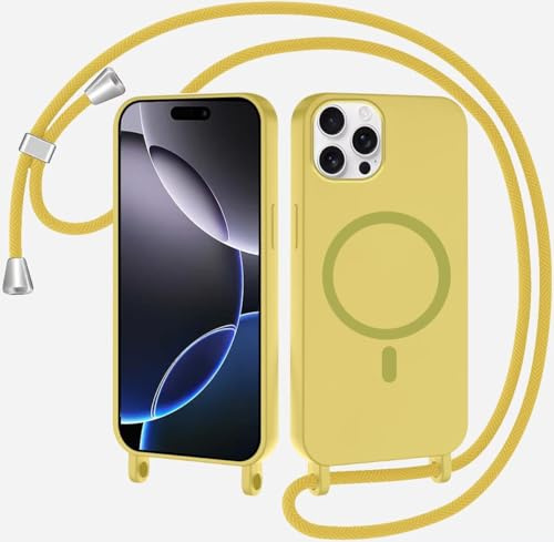 SLWYF Magnetische Handykette für iPhone 13 Hülle mit Band, Handyhülle Kompatibel mit MagSafe, Silikon Seil Necklace Handyhülle PU Stoßfest mit Abnehmbar Kordel zum Umhängen Case - Zitronengelb