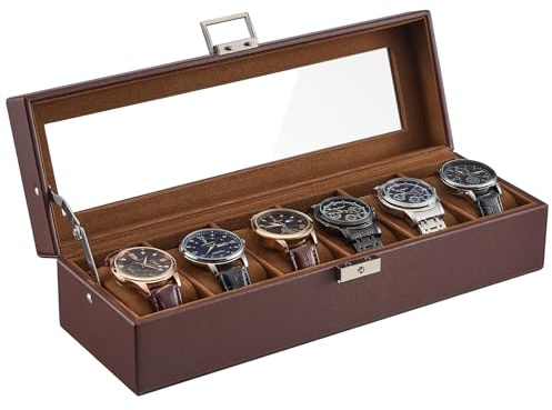 ProCase Klockfodral, 6 fack smycken arrangör multifunktionell urmakare smyckeskrin PU-läder med mjuk kudde lock glas förvaringshållare klocka för män -brun