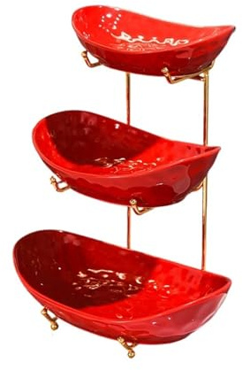 Hermoso frutero para encimera de Cocina, Cuencos de cerámica Multicapa con Soporte de Metal, frutero Rojo de Varios Niveles para Frutas, Verduras, Aperitivos y Frutos Secos, Bandeja para Servir para