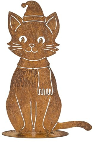 itsisa Gartendeko Katze H:30 cm mit Weihnachtsmütze und Schal im Rost Design - Winter Rostfigur für den Garten, Deko Weihnachten, Metalldeko