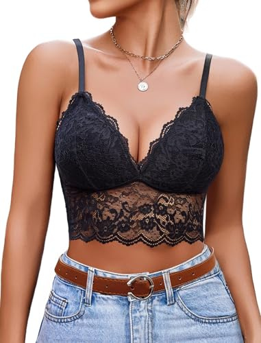 Avidlove Women's Lace Camisole Sexy Vests Bustier Unpadded V Neck Crop Tops Basic Bralette Spaghetti Strap Tank Top Going Out Lingerie Outfits Black L