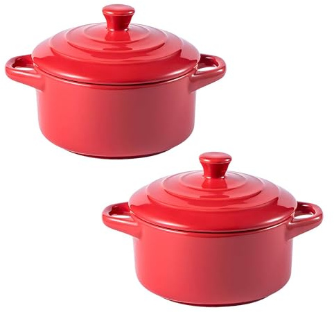 Mini Ceramic Casserole Pots Set of 2, Oven-Safe Soup Pots with Lids, Ideal for Soups, Stews, and Side Dishes (Red)