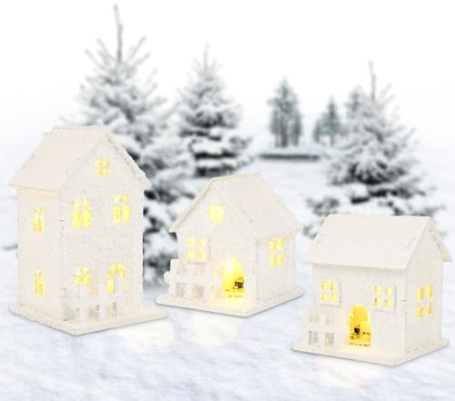 Euakee 3 Piezas Pueblo de Navidad Blanco, Pueblo Navideño Madera con LED Luz, Casas de Nieve Miniatura, Navidad Decoración Casa Interior, Adornos Navideños Hogar Casitas Navideña