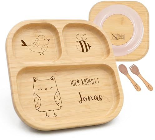 Kidsmood - Kinderteller mit Saugnapf inkl. Baby Besteck mit Namen – Teller für Kleinkinder, rutschfest – Beikost Baby Zubehör, personalisierte Geschenke zur Geburt, Taufgeschenke Jungen & Mädchen