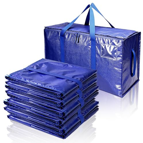 Tapwish 94L Extra Large Heavy Duty Storage Bags with Zips, Blue, 6 Pack | Waterproof woven PP, reinforced handles and fold-flat design for clothes, bedding, loft storage and moves