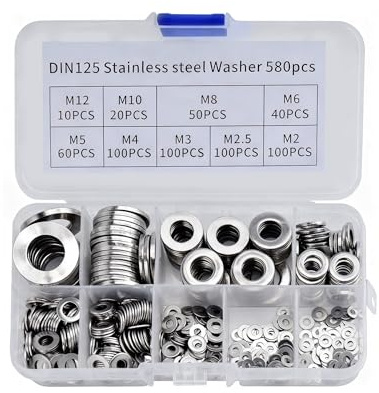 SZWLJ 580 Stück Unterlegscheiben Set aus 304 Edelstahl, 9 Größen | Unterlegscheiben Edelstahl (M2/M2.5/M3/M4/M5/M6/M8/M10/M12) - Beilagscheiben Set für Schrauben, DIY & Haushalt