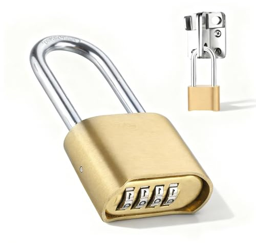 Long Shackle Padlock, Combination Padlock Gold Padlocks with 4 Digit Code 8mm Diameter Shackle Gym Locker Padlocks Weatherproof Security Lock for Gate Suitcases and Warehouse