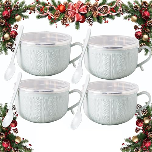 Lot de 4 grandes tasses à soupe de 750 ml avec couvercles et poignées - Passent au micro-ondes pour soupes, ragoûts, nouilles, café, vacances (bleu)