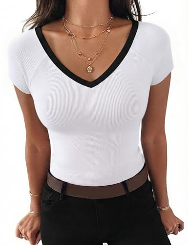 Aottori Camiseta Mujer Verano Manga Corta Cuello V Top Canalé Elástico Slim Fit Color Block Básico Elegante Casual Cómoda Ligera para Uso Diario Salida Blanco XL