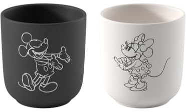 Villeroy & Boch Manufacture Rock – Mickey Mouse – Kaffeebecher, 2-teilig, schwarz/weiß, spülmaschinenfest & mikrowellensicher, Schieferoptik mit Disney Mickey Mouse Kreidedekor, Premium Porzellan